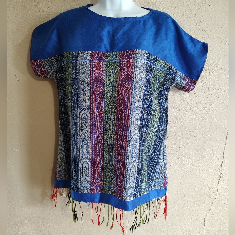 Hand Made Vintage 70's Blanket Tapestry Shirt Blouse Tasseled Size Small Medium
